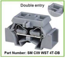 Svorkovnice SM C09 WS 4T-DB - Schmid-M: Svorkovnice pro DIN pružinu SM C09 WS 4T-DB; Rozměr 33,5 / 12 / 23mm; Napětí 300V; Proud 20A; Velikost drátu 0,2-4,0mm2